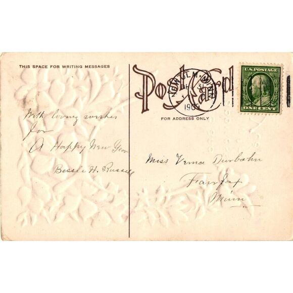 Peace and Happiness in the New Year Wishbone Luck Postcard Embossed Posted 1909 - Picture 2 of 2